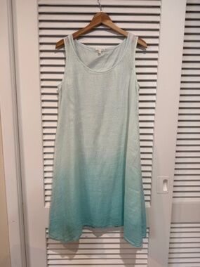 EILEEN FISHER Ombre Linen Gauze DEEP AQUA Dress w/Slip size M